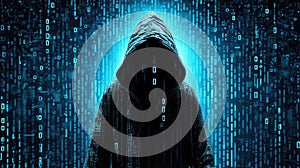 Faceless hooded anonymous computer hacker with programming code on dark blue background