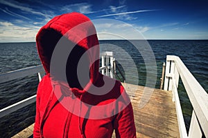 Faceless Hooded Unrecognizable Woman at Ocean Pier, Abduction Co