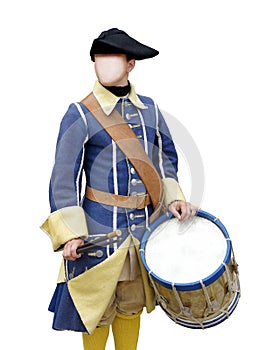 Faceless man drummer in military Swedish costume 17 - 18 centuries with tricorne hat isolated on white background