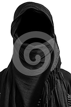 Faceless man under black veils, isolated on white background