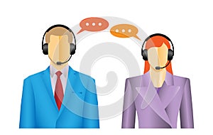 Faceless man and woman call center wearing headsets with colorful speech bubbles conceptual of client services and communication