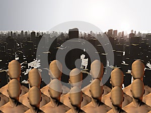 Faceless masses before ruins