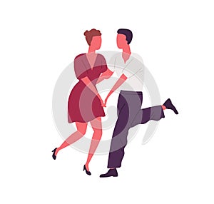 Faceless people holding hands and dancing lindy hop together. Man and woman dance swing or boogie woogie. Retro couple