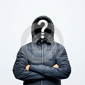 Faceless Person in Jacket with Question Mark Instead of Head