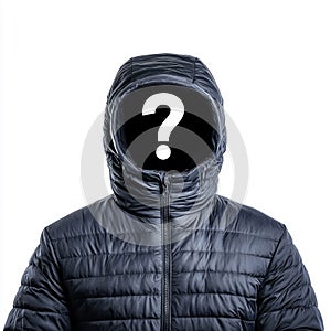 Faceless Person in Jacket with Question Mark Instead of Head