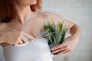 Faceless red-haired Caucasian woman wrapped in a white terry towel shears a potted plant with scissors. Armpit hair