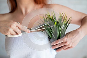 Faceless red-haired Caucasian woman wrapped in a white terry towel shears a potted plant with scissors. Armpit hair