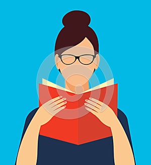 Faceless woman in glasses holding an open book in his hands.