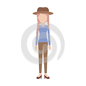 Faceless woman with hat and blouse long sleeve and pants and heel shoes with braid and fringe hairstyle in colorful