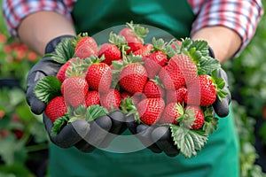 Faceless woman holding red strawberries in her hand standing in greenhouse close-up.