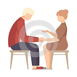 Faceless Woman Sitting on Chair and Encouraging Man Sitting Opposite Her Vector Illustration