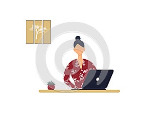 Faceless woman tutor work on laptop.Remote work, distance E-learning or online training during virus epidemic.Lady trainer or