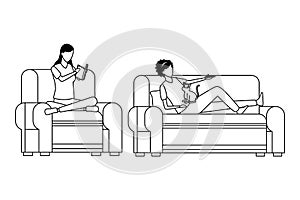 Faceless women relax with cat living room in black and white