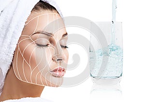 Facelift anti-aging lines on female face and glass with clear water.