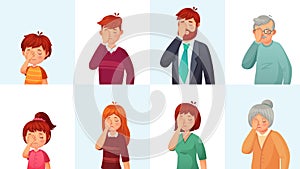 Facepalm gesture. Disappointed people embarrassed faces, hide face behind palm and shame gestures cartoon vector