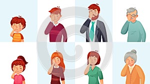 Facepalm gesture. Disappointed people embarrassed faces, hide face behind palm and shame gestures cartoon vector illustration