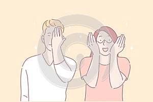 Facepalm gesture, joyful mood, funny situation concept