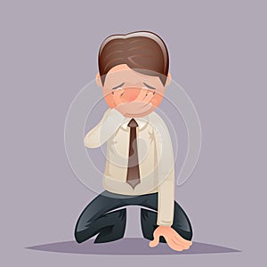 Facepalm Kneel Cry Vintage Businessman Despair Regret Suffer Grief Character Icon on Stylish Background Retro Cartoon