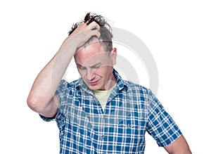 Facepalm man, Portrait male in shirt epic fail emotion, isolated on white background.