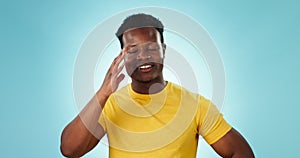 Facepalm, oops and embarrassed black man in studio for silly, mistake or fake news on blue background. Dumb, face and