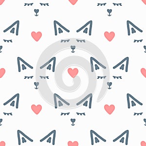 Faces of abstract animal and hearts. Cute seamless pattern. Drawn by hand.