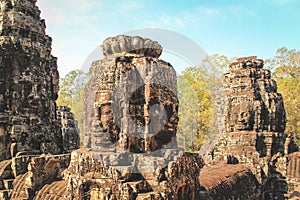 Faces of the Bayon temple in Siem Reap near Angkor Wat in Cambodia