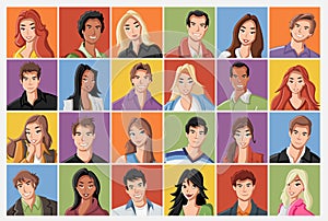 Faces of cartoon young people.