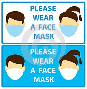 Faces with mask - vector leaflets request man and woman wear mask