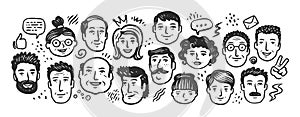 Faces of people different nationalities and ages drawn with black outline. Society doodle vector illustration