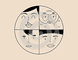 The faces of people of different sizes and appearance. Concept diversity humans.Vector illustration in hand drawn style