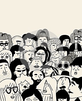 Faces of people - hand drawn doodle set. Black and white vector illustration of people. Collection of different people. Young,