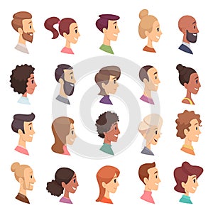 Faces profile. Avatars people expression simple heads male and female vector persons cartoon illustrations