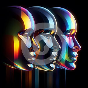 Faces with refraction light and holographic effect on dark background