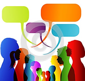 Faces silhouette head profile. Group of isolated multicolored people talking. Networking communication. Crowd speaks. Speech bubbl