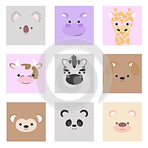 Faces of wild and domestic animals squared in pastel colors. Vector illustration.