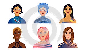 Faces of women of different nationalities, complexion vector illustration