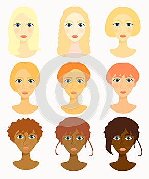 Faces of women, girls hairstyles race. vector illustration