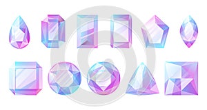 Faceted blue and pink shining gemstones of various shapes. Set of vector cartoon diamonds, jewelry.