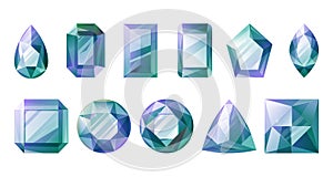 Faceted blue shining gemstones of various shapes. Set of vector cartoon diamonds, sapphires, jewelry.