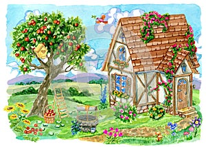 Fachwerk cottage house with apple tree, old well, garden objects and bird