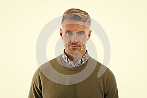 Facial care and ageing. Traits and behaviors make men more appealing. Attractive mature man on white background. Mature