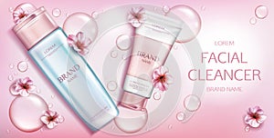 Facial cleanser cosmetics bottles mockup banner