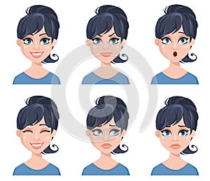 Facial expressions of a beautiful woman. Different female emotions set.