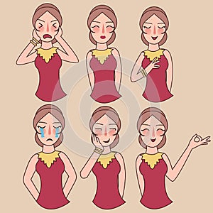 Facial expressions set woman girl vector, expression avatar character, mom happy ask forgiveness, sad, funny