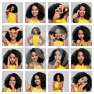 Facial Expressions Of Young Black Woman On Brick Wall