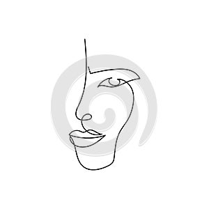 Facial features continuous line drawing. One line art of womans face, femininity, abstraction.