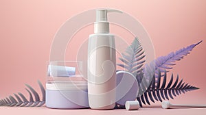 a facial foam bottle with a brush, a facewash dispenser, and an array of beauty skincare products, AI Generated