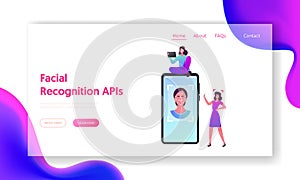 Facial Id Verification, Scan Landing Page Template. Tiny Female Characters at Huge Smartphone with Woman Face Detection