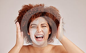 Facial mask, cream and black woman isolated on a white background of cosmetics, beauty and skincare. Crazy, fun and