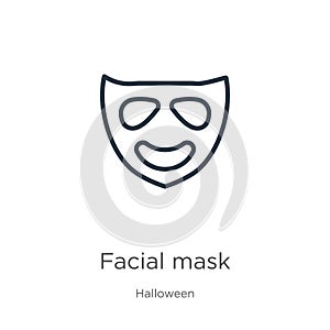 Facial mask icon. Thin linear facial mask outline icon isolated on white background from halloween collection. Line vector facial